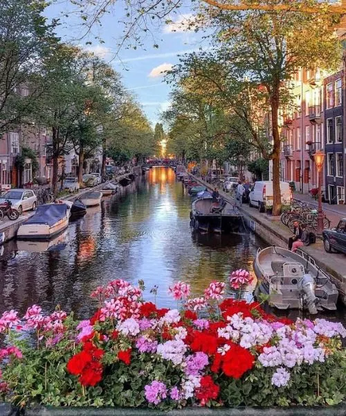 Colorful Amsterdam canal with boats and flowers, a highlight of Europe tour packages.