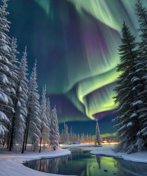 Mesmerizing Northern Lights over snowy landscape, must-see with Europe tour packages.