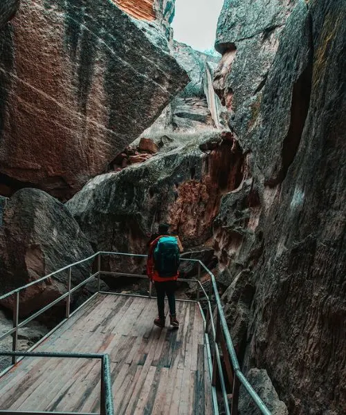 Traveler exploring rocky landscapes on a Baku Tour Package from Lucknow