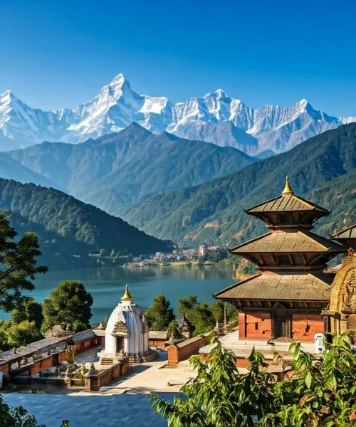 Nepal tour package highlighting Phewa Lake, lakeside temple, and stunning Himalayan mountain views