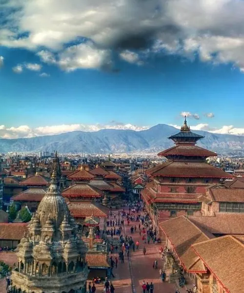Nepal tour package featuring Kathmandu Durbar Square with historic temples and city skyline