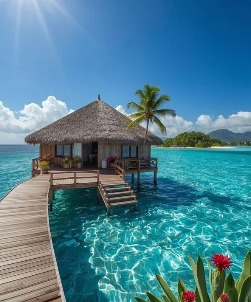 Maldives Water Villa with luxury overwater bungalows and a curved infinity pool, surrounded by crystal-clear turquoise lagoon, palm trees, and dramatic mountain views under a bright blue sky.