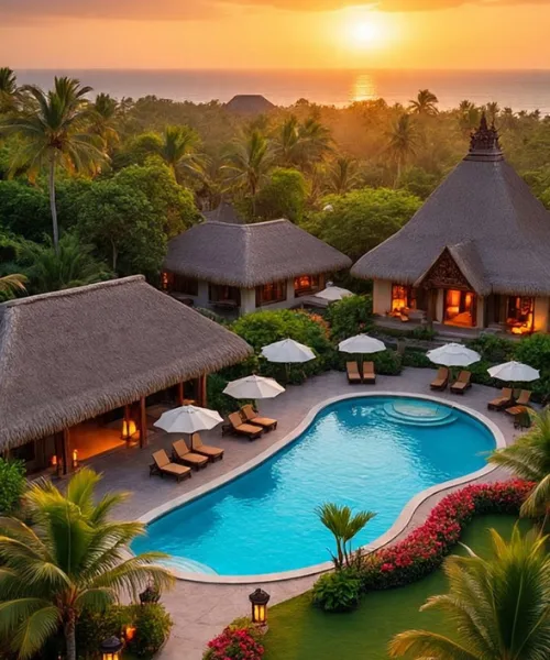 Maldives Water Villa surrounded by lush tropical gardens and palm trees, featuring a luxury resort pool, thatched-roof villas, and a stunning ocean sunset view in the background.