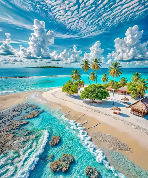 A breathtaking aerial view of a tropical island with white sandy beaches, turquoise waters, palm trees, and beach huts, perfect for relaxing vietnam tour packages.