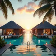 Luxury overwater villas at sunset with a private infinity pool, palm trees framing the view, and warm golden light reflecting on calm turquoise ocean water.