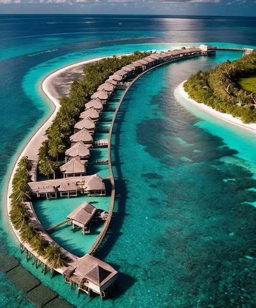 Aerial view of Maldives Water Villa over crystal-clear turquoise lagoon, featuring a row of overwater bungalows connected by a wooden walkway above vibrant coral reefs in the Indian Ocean.
