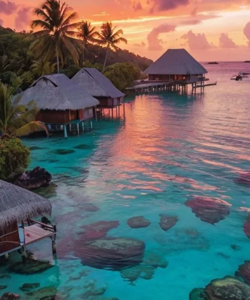 Maldives Water Villa connected by a wooden walkway over crystal-clear turquoise water, featuring traditional thatched-roof overwater bungalows under a bright blue sky.